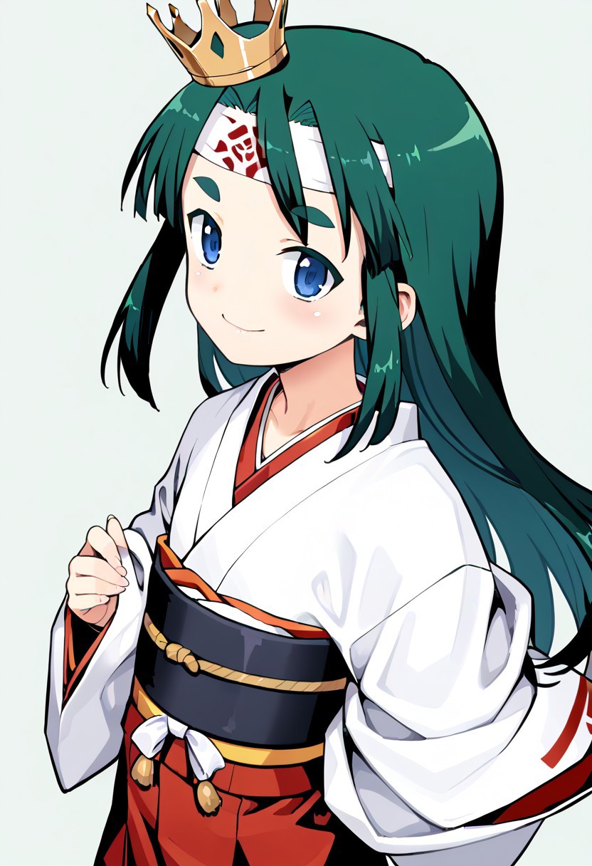 <lora:Tsugumomo-PonyXL-1024px-v1.0:0.8>
1girl, solo, flat chest, short petite, small body, bushy eyebrows, blue eyes, crown, green hair, headband, japanese clothes, kimono, long hair, looking at viewer, sash, skirt, smile, standing, tabi, transparent background, (upper body).