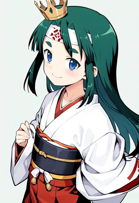 <lora:Tsugumomo-PonyXL-1024px-v1.0:0.8>
1girl, solo, flat chest, short petite, small body, bushy eyebrows, blue eyes, crown, green hair, headband, japanese clothes, kimono, long hair, looking at viewer, sash, skirt, smile, standing, tabi, transparent background, (upper body).