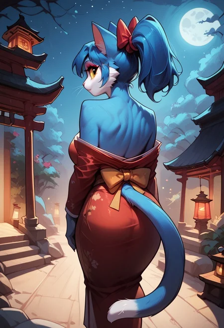 masterpiece, cute girl, Audr3yc4t, blue anthro cat, blue fur, blue hair, ponytail, score_9, score_8_up, score_7_up, score_6_up, hyattlen, fFaceDetail, Expressiveh, detailed eyes, 1girl, solo, big bright eyes, cat tail, innocent look, hair up, closed mouth, makeup, bottom lip, standing, wearing kimono, flower pattern, wearing sandles, large bow, from behind, looking back, rock, large bonsai tree, sand, zen garden, lantern, night, moon, water, shrine, pagoda, insense, smoke, moon, high angle, eyes half closed, hands at side, torii gate, 