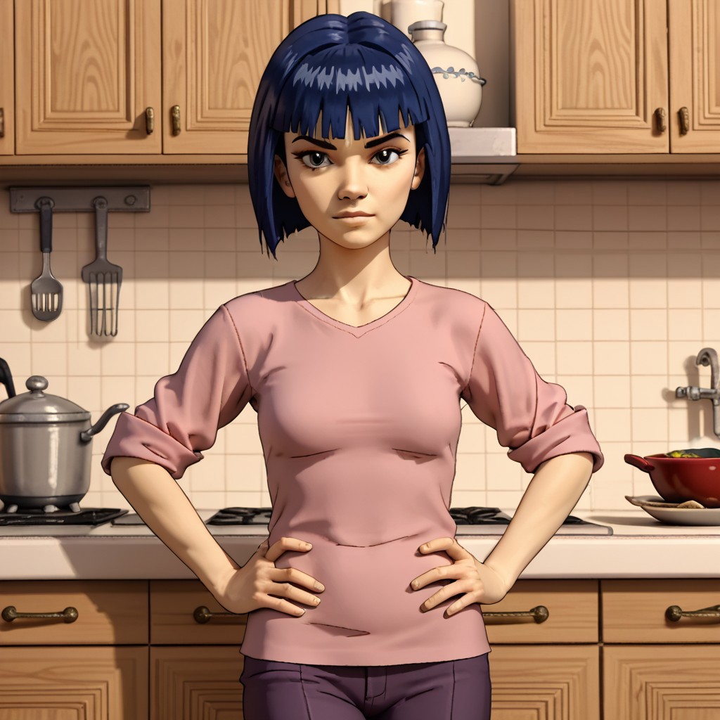 score_9, score_8, score_7, N0R3AL_PDXL, break, solo, tc_witch, blue hair, short hair, bobcut, shirt, pants, hands on hips, looking at viewer, seductive, kitchen, medium breasts