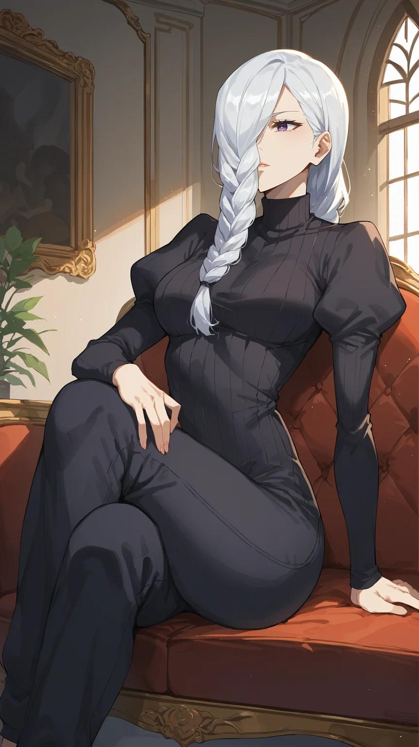 score_9,score_8_up,score_7_up,score_6_up, source_anime, zPDXL3, <lora:xl_more_art-full_v1:0.5>, woman, dynamic pose, making eye contact, <lora:Mei Mei - Pony-000004:0.8>, aMei, long hair, white hair, braided ponytail, hair over one eye, braided ponytail, purple eyes, black dress, long sleeves, puffy sleeves, turtleneck dress, wide leg jumpsuit pants, pants tucked in, front braid, luxury apartment, interior, reflections, armchair, sitting,