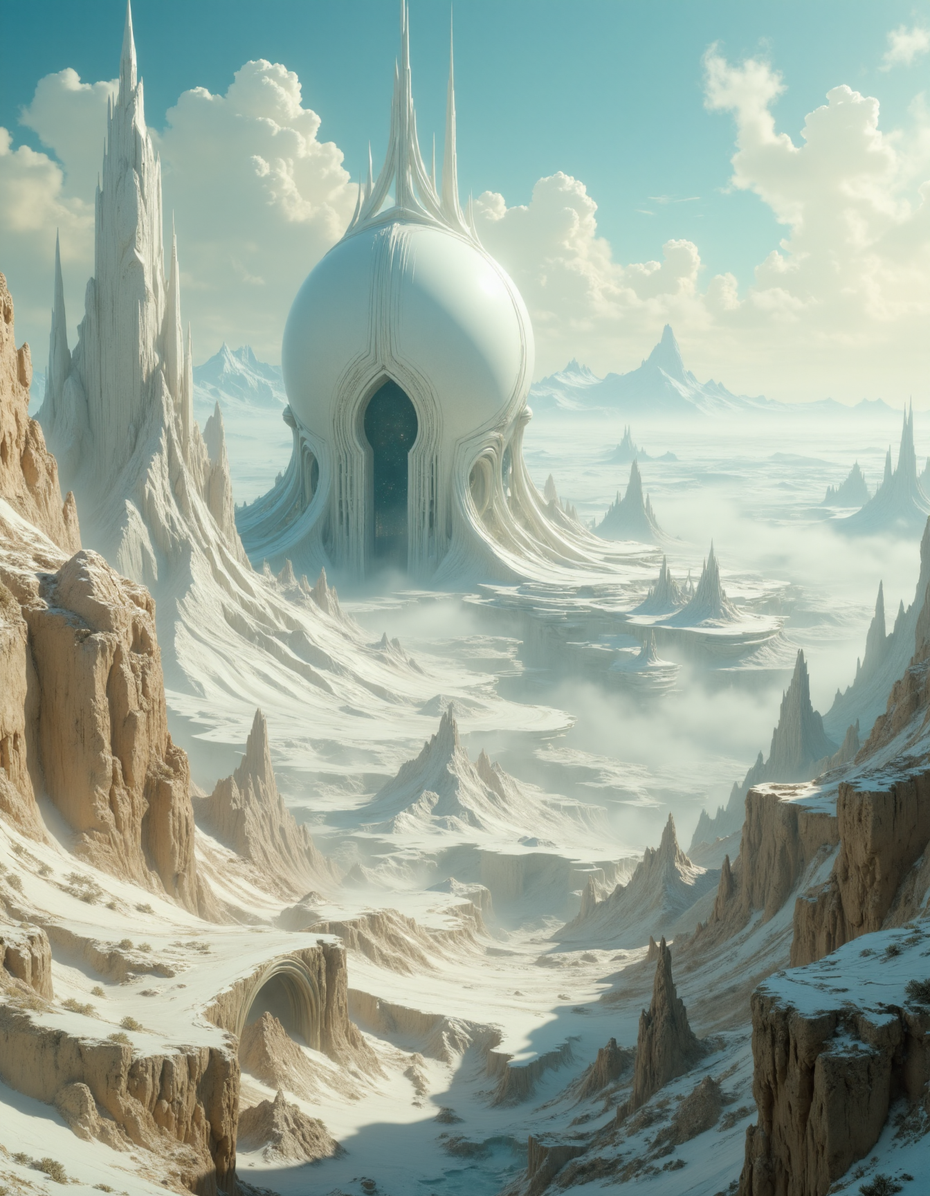 hyper realistic and highly detailed, highly dynamic cinematic panorama view, an otherworldly landscape of an extremely advanced civilization, pale, ivory, white, bleached, faded, ashen, epic scale, colossal magnitude, beautiful, excellent composition, finest details, highest aesthetics, strong muted Birch and King Blue hue, mystical glowing,  atmospheric haze, panoramic zoomed out view, highly dramatic lighting
 <lora:artilands:0.8>