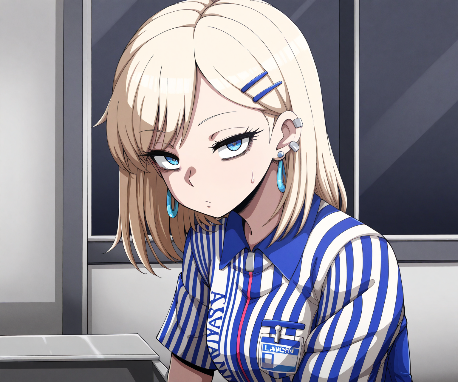 masterpiece, best quality, amazing quality, sfw, 1girl, solo, lawson, medium hair, light blonde hair,  looking at viewer, hairpin, earrings,    <lora:mega w style ILL-v2:1> megaw_style