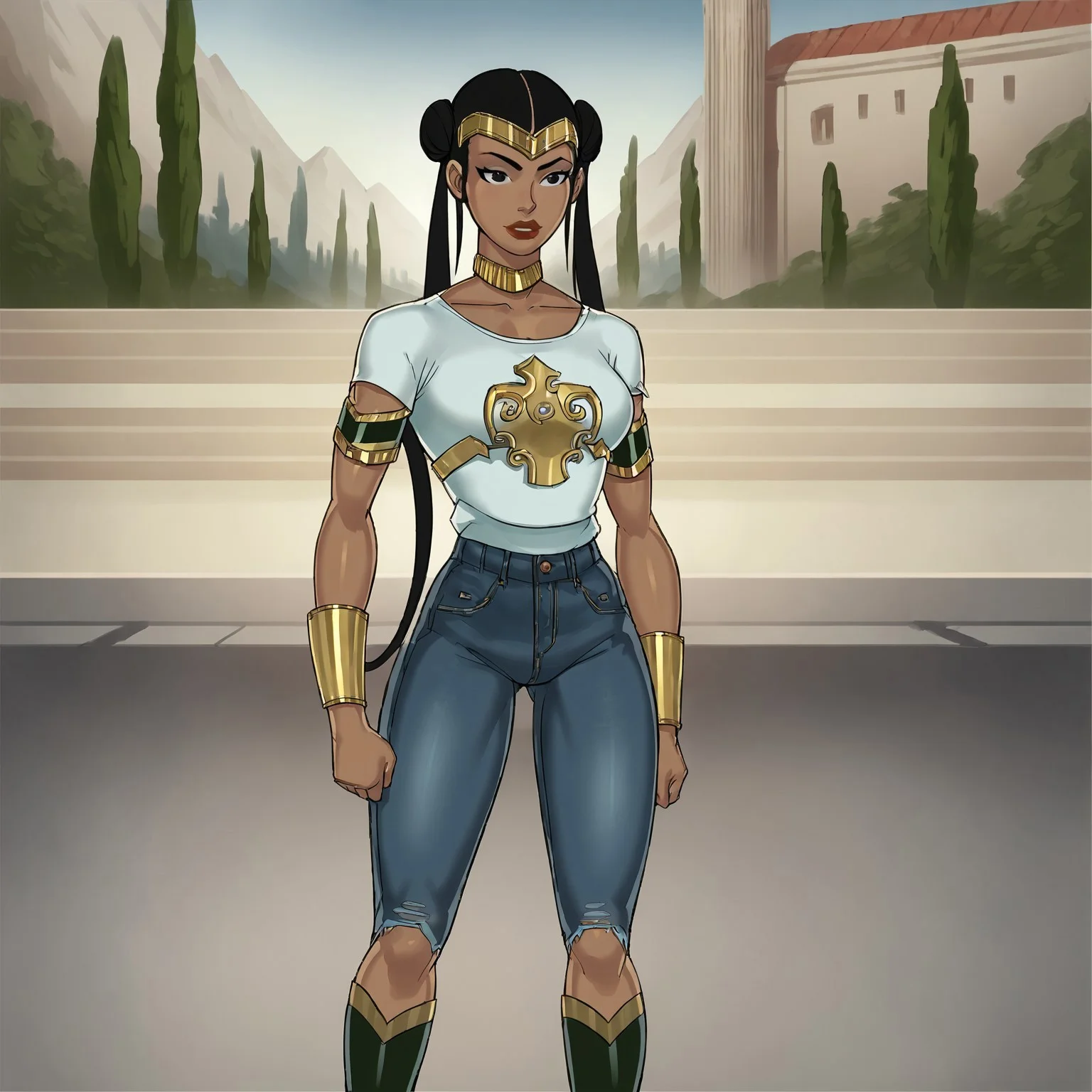 safe_pos, score_9_up, score_8_up, score_7_up, solo, 1girl, makeup, lipstick, long hair, twin tails, double bun, black hair, black eyes, neck ring, bracers, armlet, jewelry, knee boots, collarbone, peng deilan, tiara, jeans, t-shirt, knee boots, dark skin, middle of the city