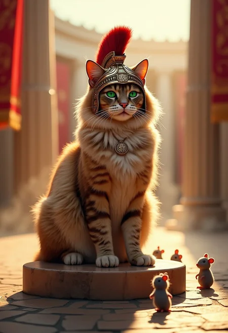 A majestic cat sits proudly on a marble pedestal in an ancient Roman courtyard, bathed in golden sunlight. It wears a centurion helmet with a crimson plume, exuding a commanding presence. Its emerald-green eyes gleam with fierce intelligence, and its helmet is intricately decorated with Roman insignia. Mist rises from the ground, casting an ethereal glow, while red and gold banners wave softly in the background. Tiny helmeted mice gather around in reverence, honoring their legendary feline leader, capturing the grandeur and mystery of ancient Rome