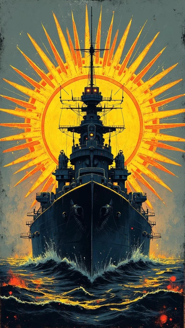 <lora:Green_cuties-000004.safetensors:1> A grainy, poorly lit image captures
A stylized illustration of a navy battleship in black silhouette against a gray background, surrounded by a radial burst of vibrant yellow and orange details. The artwork combines Art Deco and Art Nouveau influences with bold lines and geometric shapes, creating a visually striking and intense image.