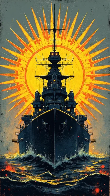 <lora:Green_cuties-000004.safetensors:1> A grainy, poorly lit image captures
A stylized illustration of a navy battleship in black silhouette against a gray background, surrounded by a radial burst of vibrant yellow and orange details. The artwork combines Art Deco and Art Nouveau influences with bold lines and geometric shapes, creating a visually striking and intense image.