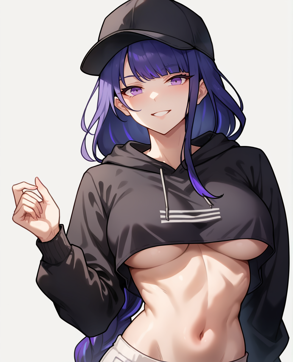 score_9, score_8_up, score_7_up, <lora:bluefieldV1:0.85>
1girl,  baseball cap, black baseball cap, black hat, black hoodie, blush, breasts, crop top, cropped hoodie, drawstring, hat, hood, hoodie, large breasts, looking at viewer, midriff, navel, blue hair, purple eyes, braid, smile, solo, stomach, underboob, raiden shogun,