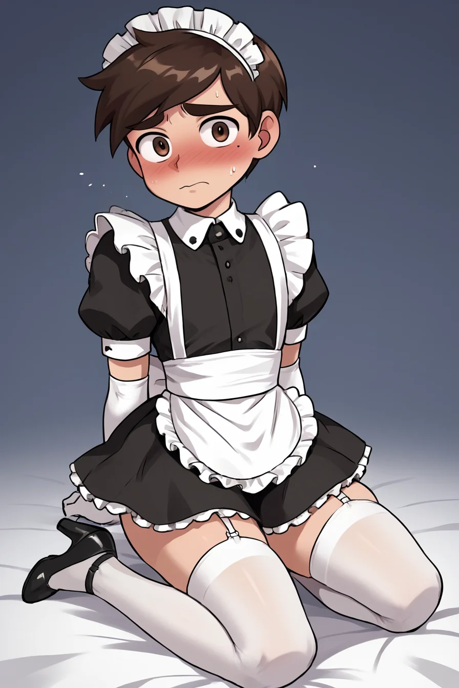 score 6 up,score 7 up, score 8 up,score 9,blush,short sleeves,looking at viewer, <lora:marco_diaz:0.7>,marco diaz,brown hair,mole under left eye,short hair,solo,thick eyebrows,<lora:Lucyla_Art_Style:0.4>,male focus,maid headdress,maid uniform,,embarrassed,black heels,white elbow gloves, white stockings
