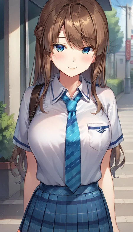 score_9,score_8_up,score_7_up,score_6_up BREAK official art,solo,outdoors,cowboy shot,looking at viewer,facing viewer,smile,blush,Suzumori Satsuki,long hair,brown hair,braid,sidelocks,diagonal bangs,blue eyes,school uniform,white shirt,collared shirt,dress shirt,breast pocket,blue necktie,diagonal-striped necktie,plaid necktie,short sleeves,large breasts,shirt tucked in,blue skirt,pleated skirt,plaid skirt,black socks,loafers,brown footwear,<lora:Suzumori Satsuki(am)-Pony:1.2>,