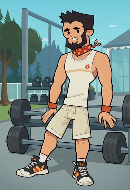 score_9, score_8_up, score_7_up, score_6_up, , flat color, FINN AGUDELO, 1boy, solo, nice skin, black hair, Black eyes, Black beard, sleeveless shirt, shorts, sweatband, sneakers, tight clothing, outdoor, gym.