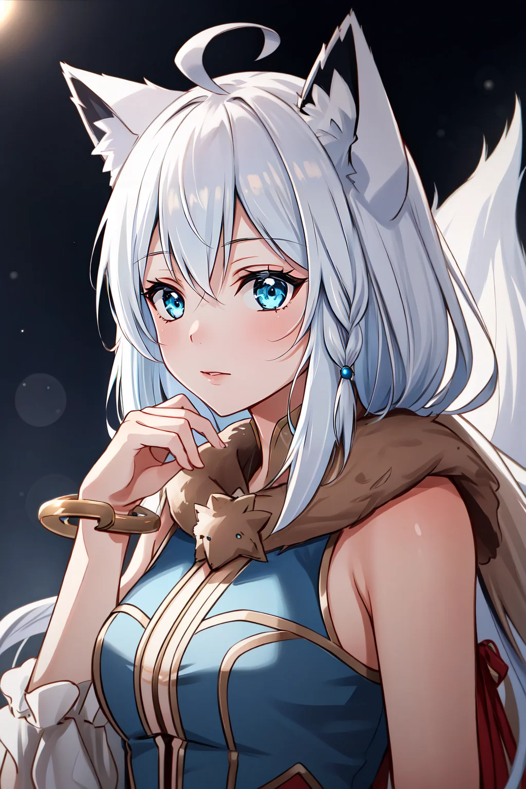(masterpiece, best quality),  intricate details,
1girl,  <lyco:KitsuneAi-FBK-LoCon32V2:0.8> white hair, fox tail, fox ears,  blue eyes, white ahoge, 
 fcPortrait, hotify, kkw-ph1, OverallDetail, prettify,  prettyeyes   <lora:attire_ragnarokonlineprofessor:0.8> ragnarokprof, jewelry, bracelet, bangle,