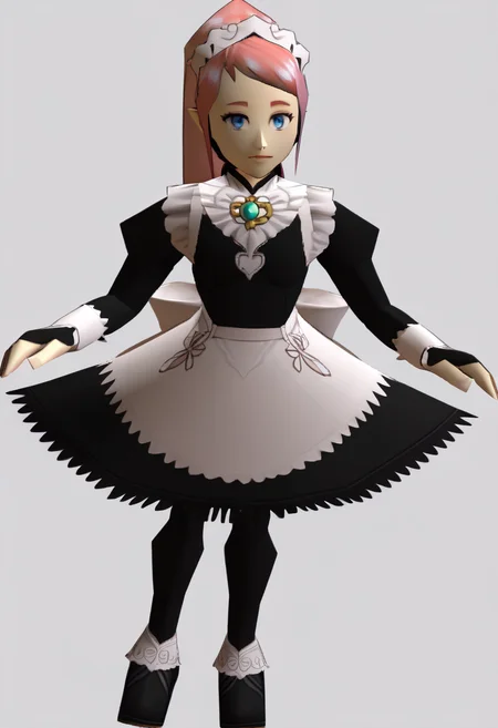 score_9, score_8_up, score_7_up, source_anime BREAK, 1girl, solo,
<lora:zs_N64ZeldaStyleXL:1> n64zeldastyle, 3d, polygonal, white background, full body
<lora:felicia-fe-richy-v1_xl:1> feliciadef, pink hair, ponytail, blue eyes, maid headdress, brooch, maid apron, black thighhighs, bridal gauntlets, standing