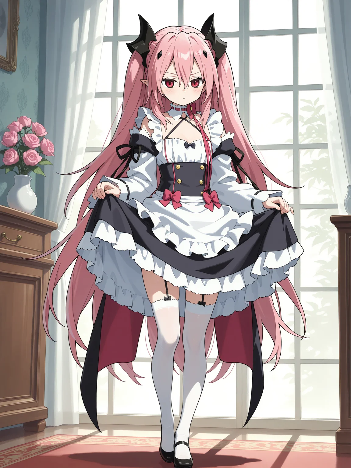 <lora:krul:0.7>,krul,maid outfit,full body,skirt lift,maid shirt,thighhighs,maid,white shirt,