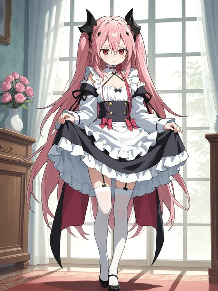 <lora:krul:0.7>,krul,maid outfit,full body,skirt lift,maid shirt,thighhighs,maid,white shirt,