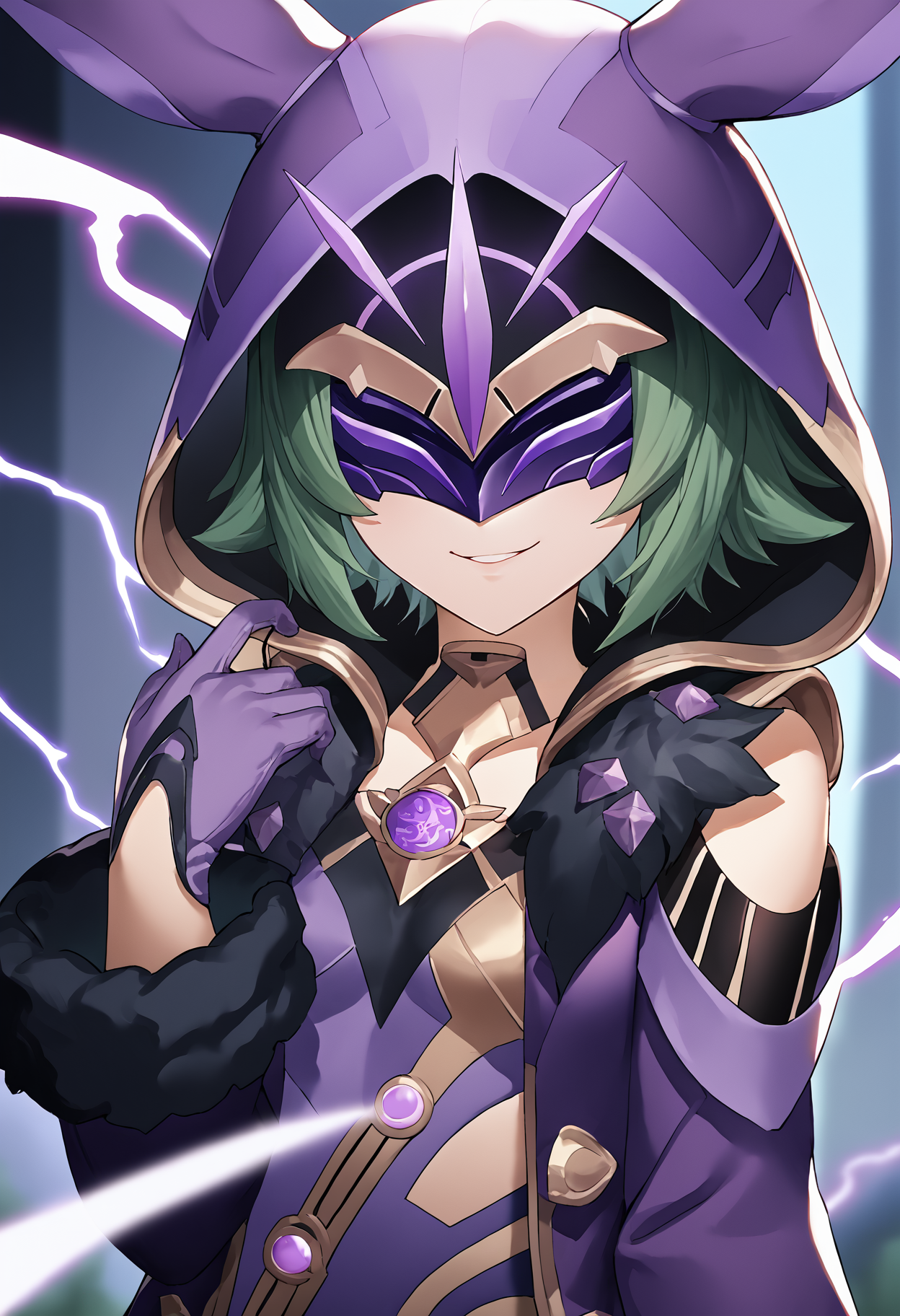 score_9, score_7_up, source_anime BREAK 1girl, solo, <lora:chyko-artist-richy-v1_pdxl:1.0> looking at viewer, smile, upper body,  <lora:electrocicin-gi-richy-v1_pdxl:1> electrocicin, green hair, short hair, eye mask, covered eyes, hood, hooded cloak, purple leotard, fur trim, long sleeves, gloves