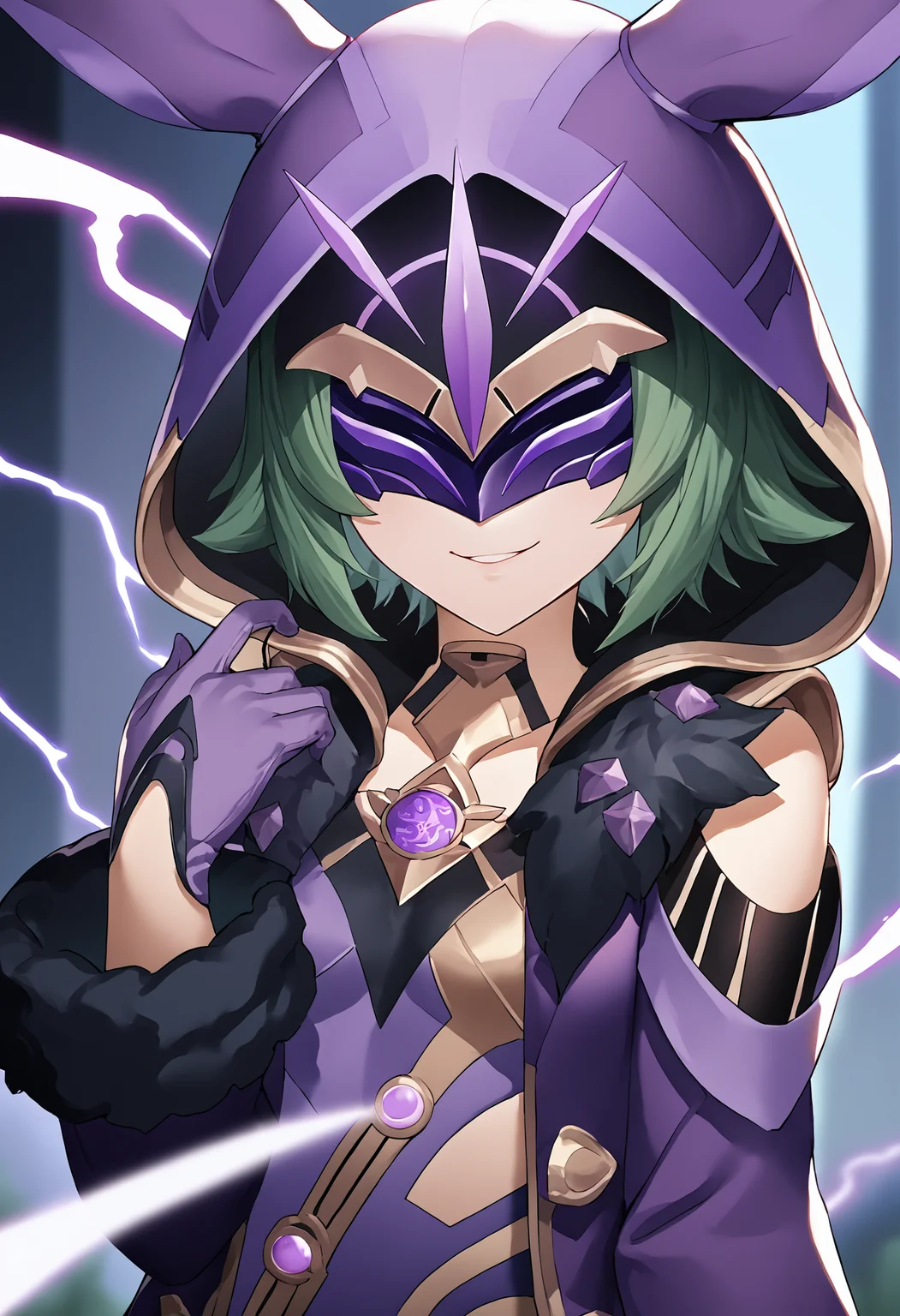score_9, score_7_up, source_anime BREAK 1girl, solo, <lora:chyko-artist-richy-v1_pdxl:1.0> looking at viewer, smile, upper body, <lora:electrocicin-gi-richy-v1_pdxl:1> electrocicin, green hair, short hair, eye mask, covered eyes, hood, hooded cloak, purple leotard, fur trim, long sleeves, gloves