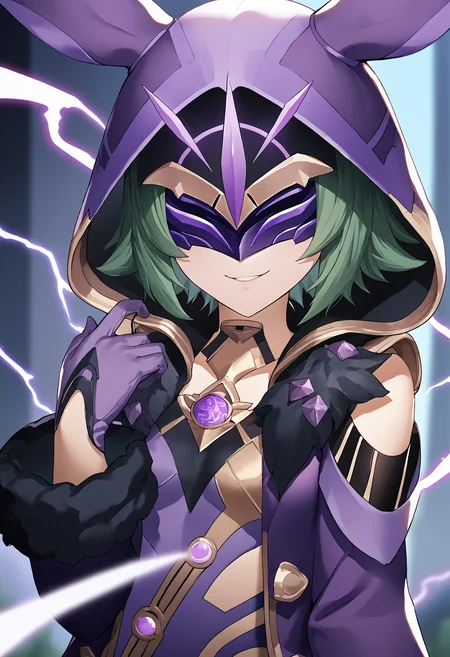 score_9, score_7_up, source_anime BREAK 1girl, solo, <lora:chyko-artist-richy-v1_pdxl:1.0> looking at viewer, smile, upper body, <lora:electrocicin-gi-richy-v1_pdxl:1> electrocicin, green hair, short hair, eye mask, covered eyes, hood, hooded cloak, purple leotard, fur trim, long sleeves, gloves
