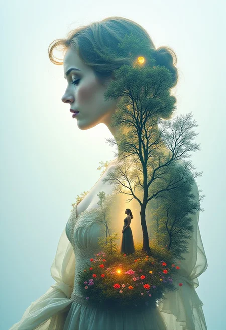 made out of Jeddblexpsre,double exposure, (text "Doubleexposure":1.1), a double exposure image with the theme of Sleeping Beauty and a fairytale forest, magical and dreamy composition,,, In the first layer we see Sleeping Beauty, depicted in an elegant, flowing dress, surrounded by a gentle aura, peaceful and dreamy facial expressions while she lingers in a moment of calm and sleep,,, the second layer shows a fairytale forest that is full of vibrant colors and mystical elements, Tall, enchanted trees with gnarled branches and bright flowers i, background, gentle rays of light falling through the canopy, creating a magical atmosphere,,, The two layers merge harmoniously with each other so that the contours of Sleeping Beauty merge gently into the shapes of the forest, colors are kept in soft pastel tones to emphasize the fairytale quality, while the details of the forest such as small animals or glowing fairies bring the picture to life, overall the picture radiates a Mixture of peace, magic and the timeless beauty of fairy tales