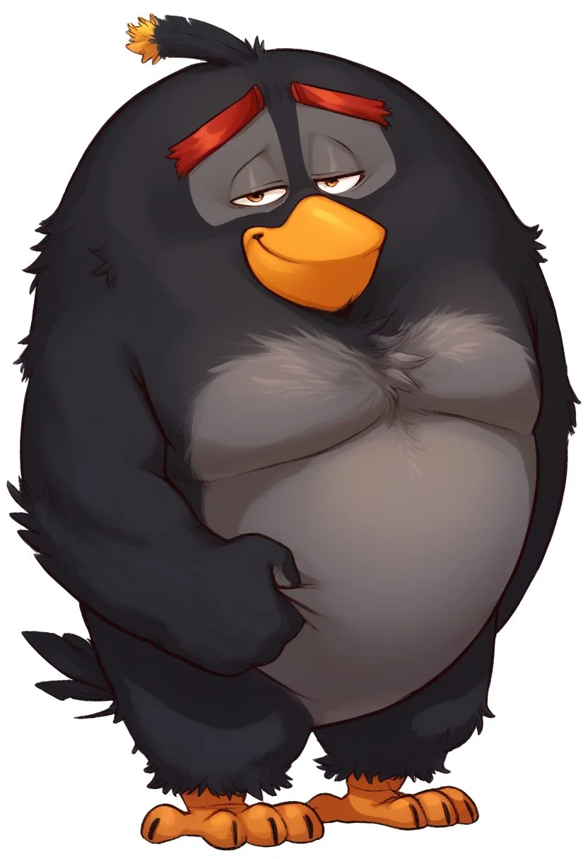 bomb_bird, b4n4n4d4b0i, angry birds, score_9, score_8_up, score_7_up, score_6_up, score_5_up, score_4_up, source_furry, hi res, sfw, solo, 2D artwork.
black avian, black plumage, large size, spherical body, grey belly, chubby, beak, head tuft, red eyebrows, short beak, large beak, feathered hands, winged arms, stubby legs. small eyes.
White background, standing, smile, full body, thumb up, looking at viewer
