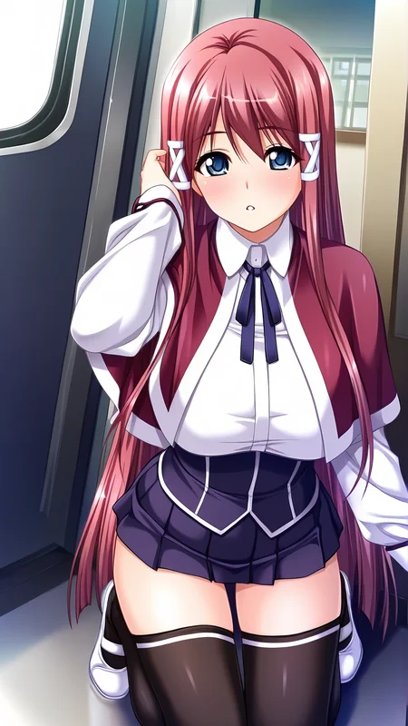 amazing quality,absurdres,best quality,masterpiece,highres,newest,detailed,detailed body,detailed face,masterpiece,best quality,solo,
è¤ä»£ã¡ãã¨,1girl,red hair,very long hair,straight hair,blue eyes,hair ribbon,neck ribbon,long sleeves,white shirt,skirt,black thighhighs,thighhighs,shoes,capelet, <lora:è¤ä»£ ã¡ãã¨:0.8>,