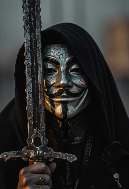 A dramatic close-up of a noir battle robot, its humanoid frame cloaked in mystery and menace. The holographic reflective metallic visage resembles a stylized Guy Fawkes mask, its angular features scarred and weathered, with faint cracks running through the expressionless facade. vibrant reflective holographic image.
The robot holds a vibrating chainsword menacingly close to its "face," the serrated teeth spinning with a sharp, mechanical whine. The blade’s edges gleam faintly, reflecting sporadic flashes of distant explosions that pulse through the smoke-choked air. The chainsword casts deep, jagged shadows over the mask, amplifying its ominous, threatening presence.
A tattered, dark cloak billows around the robot, caught in an unseen wind, its edges frayed and burned from countless battles. The intricate plating of its body is battered and scarred, with exposed wiring sparking faintly at the joints. Dense black and brown smoke swirls around the scene, partially obscuring the robot’s lower body, creating an atmosphere of dystopian desolation.