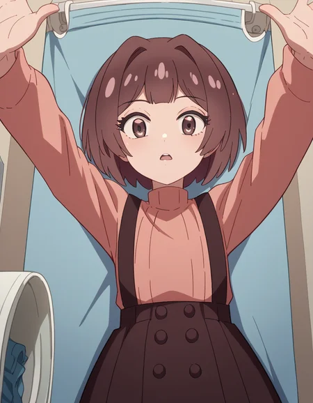 score_9, score_8_up, score_7_up, source_anime, <lora:sakura-sonoue-s1-ponyxl-lora-nochekaiser:1>, sakura sonoue, short hair, bangs, brown hair, brown eyes, hair intakes, bob cut,, skirt, long sleeves, sweater, suspenders, high-waist skirt, brown skirt, suspender skirt, pink sweater, laundry day, clothesline, drying clothes, domestic life, fresh air, blue sky, , , on back, arm support, arms up, incoming hug, pov, reaching, reaching towards viewer,, solo,, cowboy shot, dutch angle