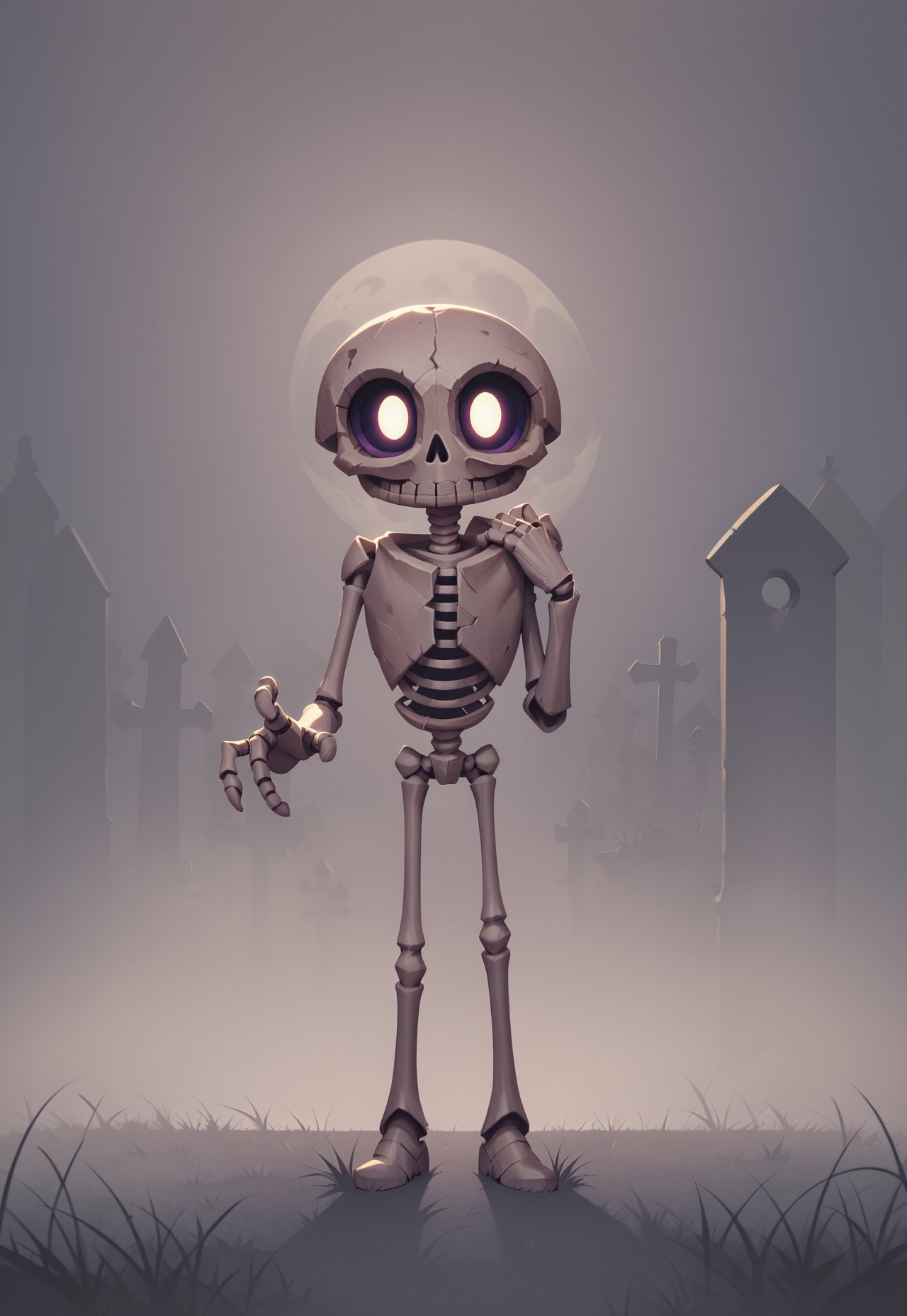(core_9, score_8_up, score_7_up), (masterpiece), toon (style), solo, skeleton, cute, (ultra-detailed face), looking at the viewer, standing, graveyard, eerie atmosphere, dramatic lighting, unsettling mood, night time