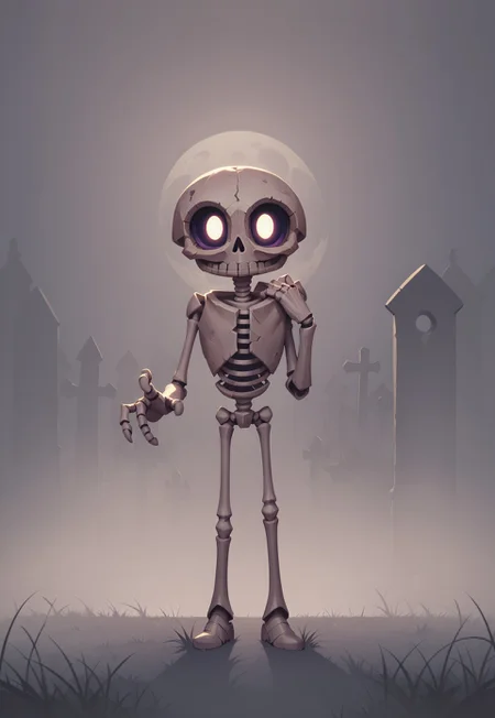 (core_9, score_8_up, score_7_up), (masterpiece), toon (style), solo, skeleton, cute, (ultra-detailed face), looking at the viewer, standing, graveyard, eerie atmosphere, dramatic lighting, unsettling mood, night time