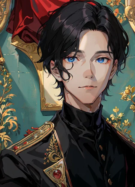 absurdres, (((masterpiece))), portrait, beautiful man, 1boy, dark black hair, dynamic composition, <lora:vividImpactfulStyle_v40g:0.7>, vvi\(face\), vvi\(eyes\)