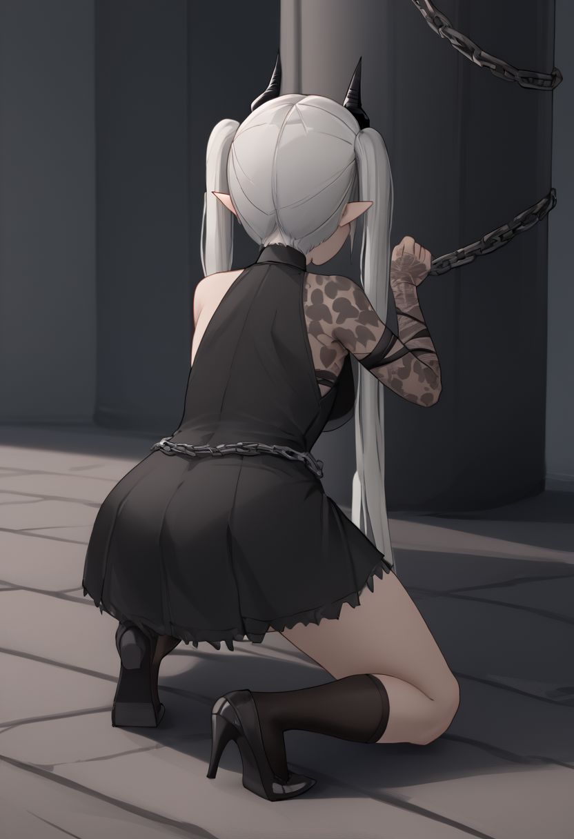1girl, solo, nikkeaiming, full body, from behind, facing away, [kneeling/squatting/one knee], chained_sarkaz_girl, black dress, single leg pantyhose, asymmetrical clothes, patterned clothes, single sleeve, black sock, kneehigh, black footwear, high heels, black ascot, hair over eyes, eyes visible through hair, demon horns, blunt bangs, red eyes, pointy ears, pale skin, white hair, grey hair, twintails