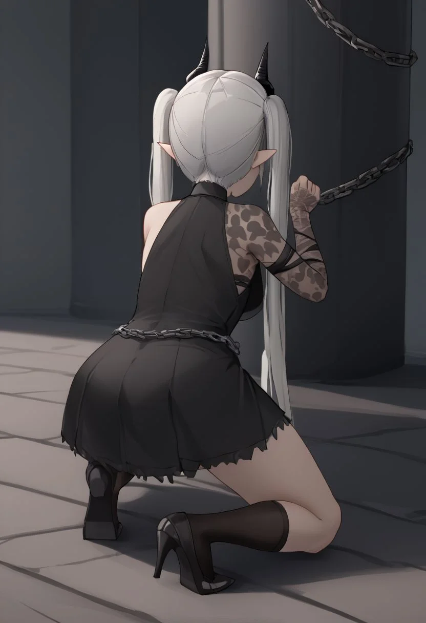 1girl, solo, nikkeaiming, full body, from behind, facing away, [kneeling/squatting/one knee], chained_sarkaz_girl, black dress, single leg pantyhose, asymmetrical clothes, patterned clothes, single sleeve, black sock, kneehigh, black footwear, high heels, black ascot, hair over eyes, eyes visible through hair, demon horns, blunt bangs, red eyes, pointy ears, pale skin, white hair, grey hair, twintails