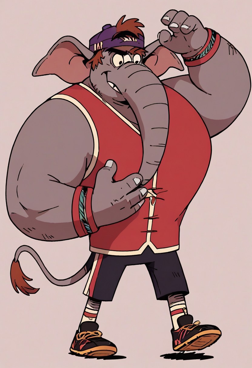 (score_9 | score_8_up | score_7_up)
((masterpiece:1))(best quality,very high quality,ultra detailed:1.2)
(2D,cartoon style,anime style)(Smooth:2)(clean blurring)
(four fingers on each hand,one thumb on each hand:1), Abu elephant, solo, brown hair, grey skin, black eyes, trunk, trunk nose, elephant trunk, elephant ears, monkey tail, purple vest, red and purple hat, alien, muscular, +++three eyes, extra eye, grey skin color, full body