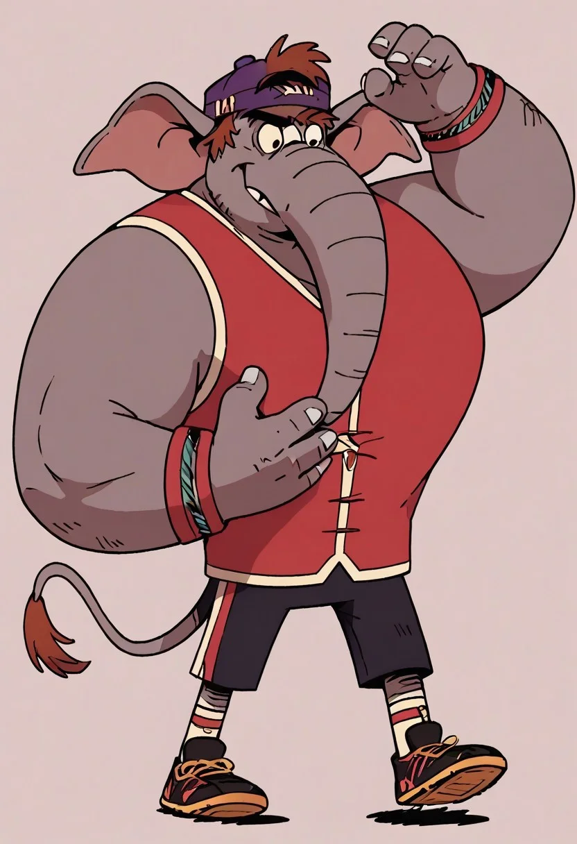 (score_9 | score_8_up | score_7_up)
((masterpiece:1))(best quality,very high quality,ultra detailed:1.2)
(2D,cartoon style,anime style)(Smooth:2)(clean blurring)
(four fingers on each hand,one thumb on each hand:1), Abu elephant, solo, brown hair, grey skin, black eyes, trunk, trunk nose, elephant trunk, elephant ears, monkey tail, purple vest, red and purple hat, alien, muscular, +++three eyes, extra eye, grey skin color, full body