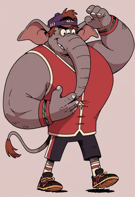 (score_9 | score_8_up | score_7_up)
((masterpiece:1))(best quality,very high quality,ultra detailed:1.2)
(2D,cartoon style,anime style)(Smooth:2)(clean blurring)
(four fingers on each hand,one thumb on each hand:1), Abu elephant, solo, brown hair, grey skin, black eyes, trunk, trunk nose, elephant trunk, elephant ears, monkey tail, purple vest, red and purple hat, alien, muscular, +++three eyes, extra eye, grey skin color, full body