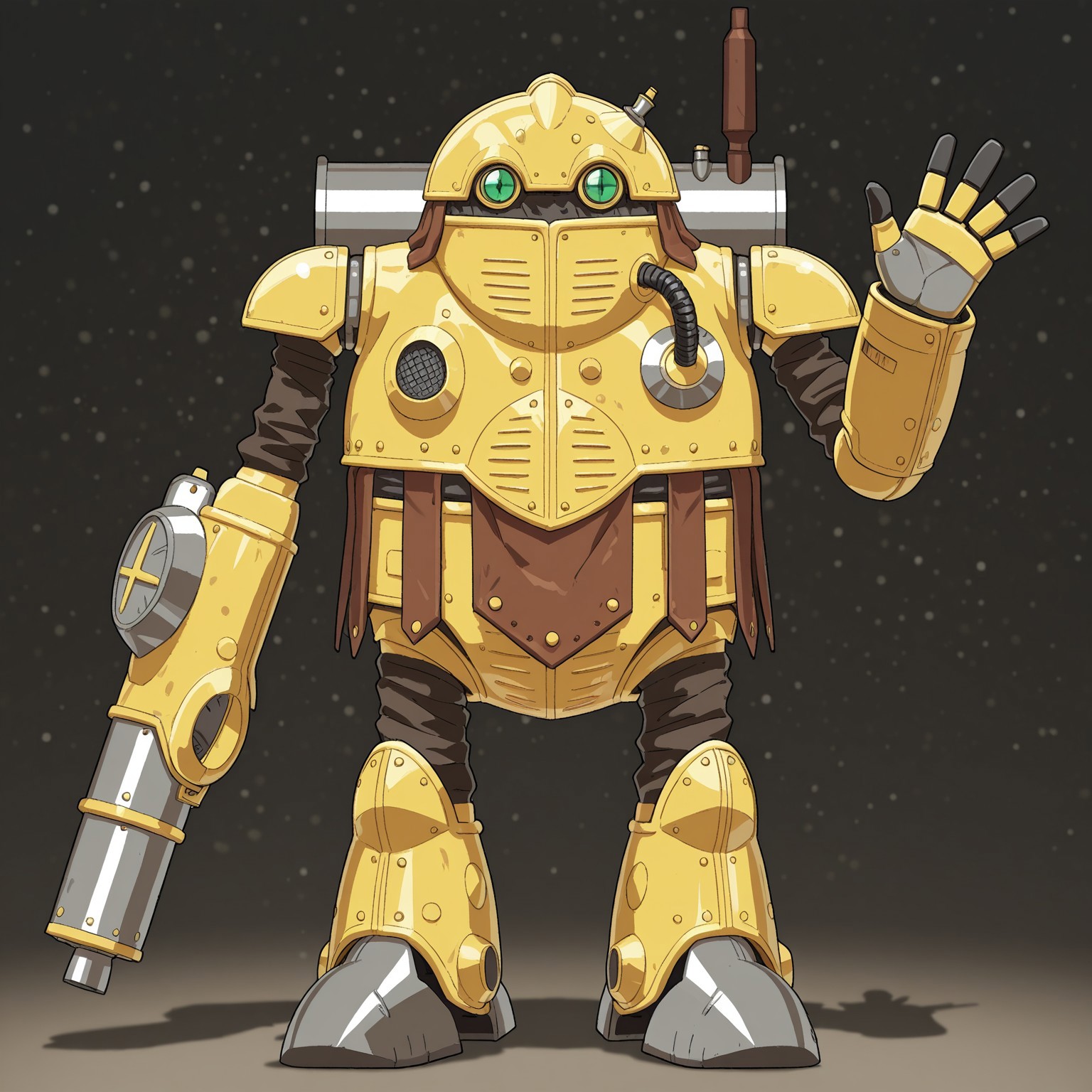 CTRobo, 2d, solo, male, robot, humanoid robot, machine, mecha, yellow body, green eyes, armor, single armcannon, 

BREAK standing, full body, looking at viewer, best quality, amazing quality, very aesthetic, absurdres, newest, abstract background, waving,
