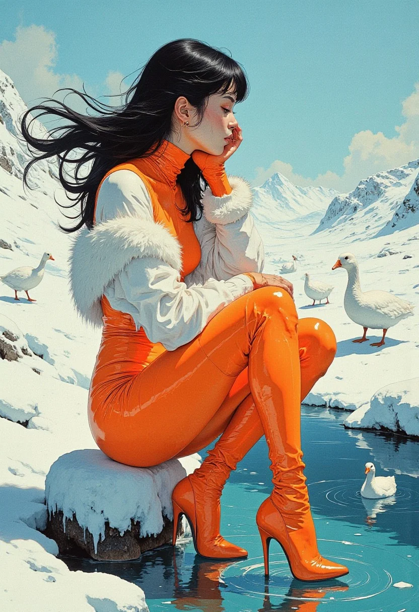 high angle, half profile picture of a model confidently squatting besides a pond in a snow landscape  a group of white geese walking in a single file along. her head supported by her hands. her skin is pale and her long, black, side swept, hair dances in the wind. she wears an orange, tight, minimalist, latex bodysuit, covering her full body, meshing with her high heels and highlighting her toned body. her fur boa, puffy and voluminous, hanging down her shoulders, flowing in the wind. near her a small pond with azure water, crystal clear and transparent, seemingly melting with the azure sky. the landscape lacks vegetation or rocks, consists of gentle harmonic snow hills. the image is very luminous and bright. the lighting soft and even, ethereal at times, highlighting clothing, skin and the soft snow shades. the image is an breathtaking blend of mysteriousness and fashion.