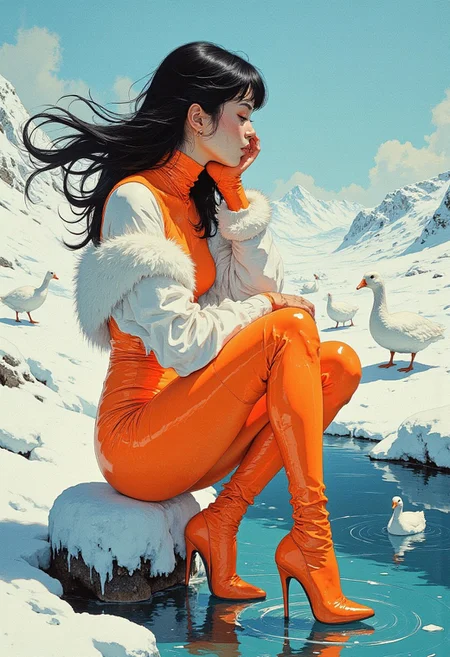 high angle, half profile picture of a model confidently squatting besides a pond in a snow landscape  a group of white geese walking in a single file along. her head supported by her hands. her skin is pale and her long, black, side swept, hair dances in the wind. she wears an orange, tight, minimalist, latex bodysuit, covering her full body, meshing with her high heels and highlighting her toned body. her fur boa, puffy and voluminous, hanging down her shoulders, flowing in the wind. near her a small pond with azure water, crystal clear and transparent, seemingly melting with the azure sky. the landscape lacks vegetation or rocks, consists of gentle harmonic snow hills. the image is very luminous and bright. the lighting soft and even, ethereal at times, highlighting clothing, skin and the soft snow shades. the image is an breathtaking blend of mysteriousness and fashion.