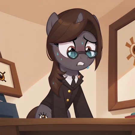 masterpiece, perfect detail, best high quality, source_pony, show accurate, cute, 1girl, solo, female, oc:sonata, glasses, attorney suit, badge on collar, pony, courtroom, defense stand, standing, standing behind desk, front hooves on desk, standing against desk, frown, scenic painting in background, nervous, sad, sweating, gritted teeth, beautiful, looking down, score_9, score_8_up, score_7_up, score_6_up, score_5_up, score_4_up