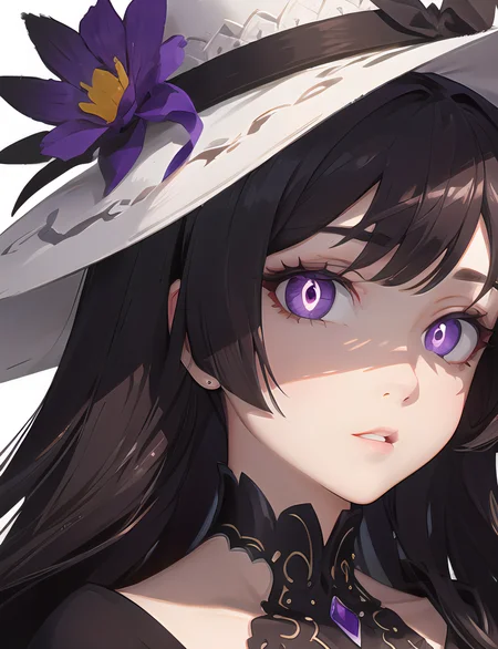 (masterpiece, best quality, ultra-detailed, best shadow), hyper detail,best illumination,
long hair,(hair flaps),flipped hair,parted lips,purple eyes, close-up,shaded face,hat flower,slit pupils,