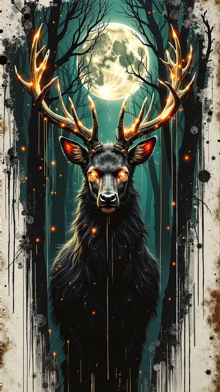 Jedcyb3r, Jedspl4tt, A majestic stag with glowing silver antlers stands in a moonlit forest, its fur shimmering with deep metallic hues of gold and emerald. Small glowing fireflies swirl around its form, and its eyes radiate a soft ethereal light. The forest around it is dark, overgrown with twisted roots and dripping mist, while cosmic constellations subtly emerge from its fur. Ink splashes and textured grunge elements blend into the background, creating a mystical, dreamlike atmosphere,<lora:splatter1:1>