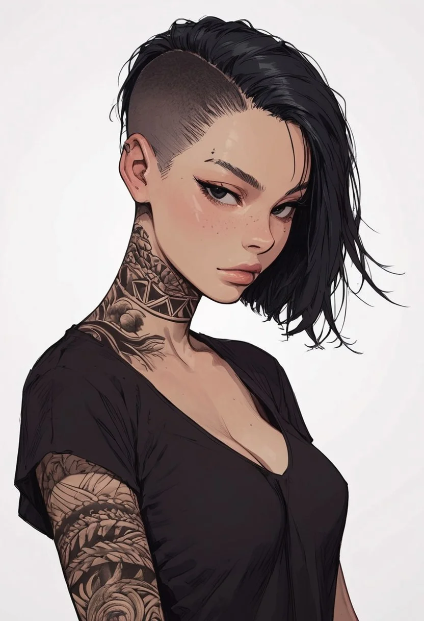 score_9, score_8_up, score_7_up, high detailed, high quality, masterpiece, no text, quality highlights, 8k detail, detailed background, source_anime, dynamic view, hentai, ultra-detailed,
...
1girl, (((solo))), female focus, expressiveh,
(18 years old),
(black hair), (short hair), ((shaved side haircut)), ((black eyes)),
beauty face, seductive, face freckles,
gorgeous, seductive,
(hourglass body), (small breasts), short body,
(bare shoulders), (bare neck), (fit body),
cleavage, navel,
(incredibly sexy), dynamic pose,
((tribal black tattoos)),
...
(black t-shirt), ((band logo on t-shirt)),
((bare neck)), closed mouth,
eyes wide, looking at viewer, posing,
side view, standing, upper body,
...
(((white background)))