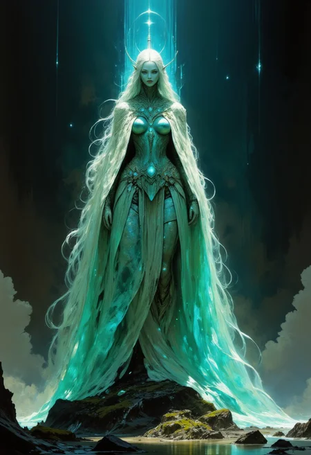 impressionist classical-style painting of a highly detailed, fantasy scene with a calming ethereal watery aesthetic. The central figure is an elf with an ethereal, glowing appearance, standing in a dimly lit, angelic environment. She has a striking, almost otherworldly appearance, with her skin flowing with a light-like texture. Her long, flowing hair and eyes are an intense aurora color,matching the environment that surround her, she is dressed in a turquoise, glowing bodysuit made of moss and bark, smoke billowing in the background, (((ultra-realistic style))), realistic soft lighting, bright, eye-catching, atmospheric lighting, natural, shallow depth of field, (highlights: 0.8), high detail (dynamic, cinematic shot, film grain, bokeh, depth of field,