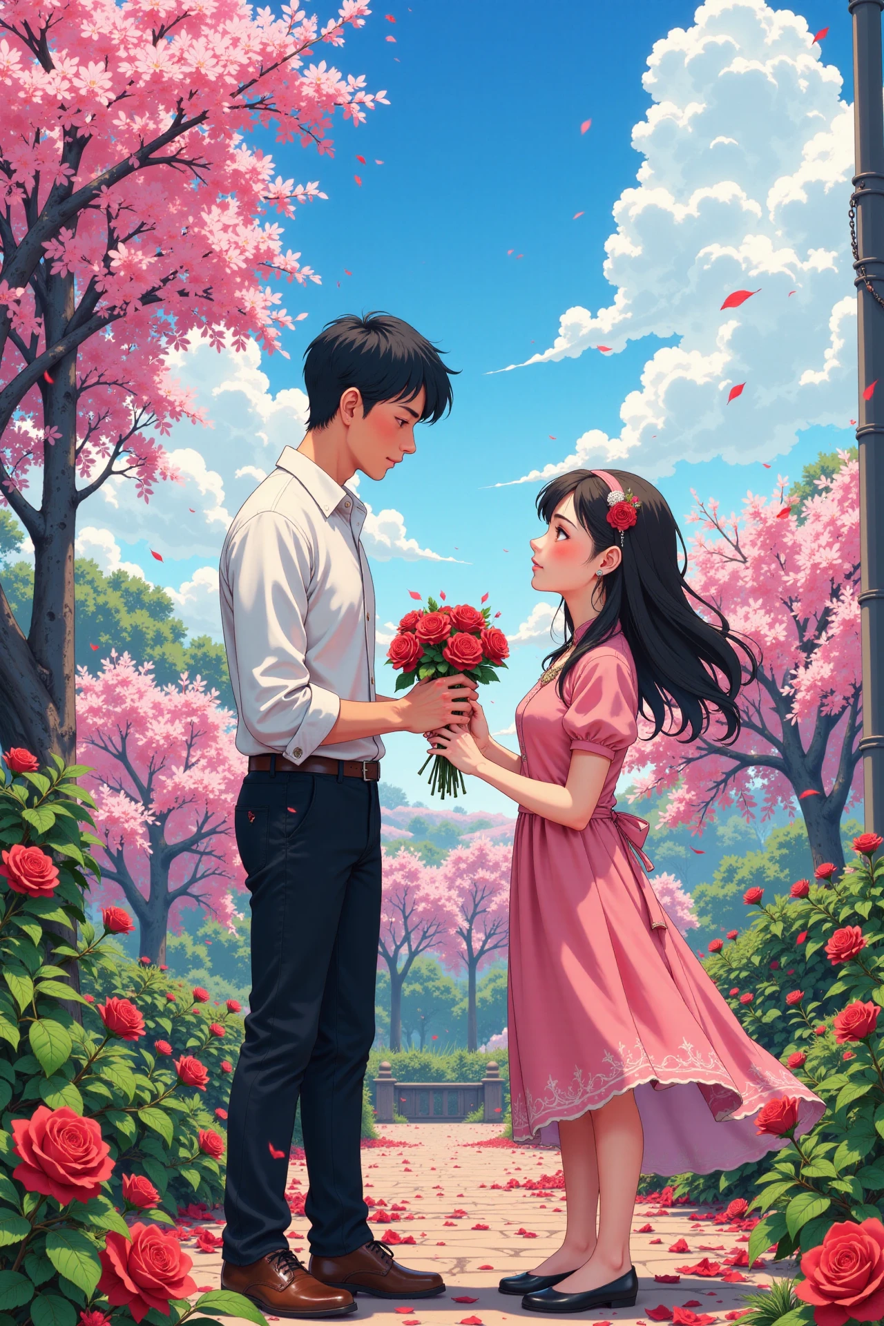 A man in love offering his girlfriend a bouquet of roses on Valentine's Day beautiful  anime landscape, noon, woman, very intricate, very detailed, sharp, bright, colorful, <lora:Hand v2:0.5> <lora:Anti-Blur:1><lora:Insane Detail Slider:0.25>  <lora:flux.1_lora_flyway_Epic-detail_v2:0.3> <lora:fluxenhancer:0.25> <lora:ROWER:0.6>   <lora:Niji Anime Stan Katayama:0.8> Niji Stan Katayama Style