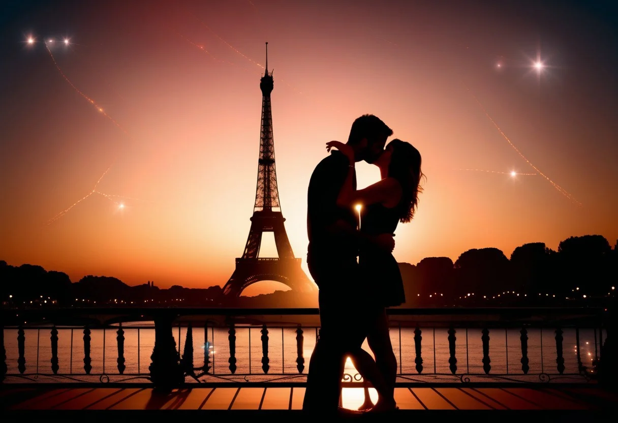Capture the tender moment of a young boy and girl sharing a kiss in front of the iconic Eiffel Tower, surrounded by soft twinkle lights and a warm summer evening glow. The romantic ambiance should reflect their deep connection and the beauty of Paris at night."