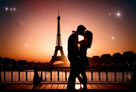Capture the tender moment of a young boy and girl sharing a kiss in front of the iconic Eiffel Tower, surrounded by soft twinkle lights and a warm summer evening glow. The romantic ambiance should reflect their deep connection and the beauty of Paris at night."