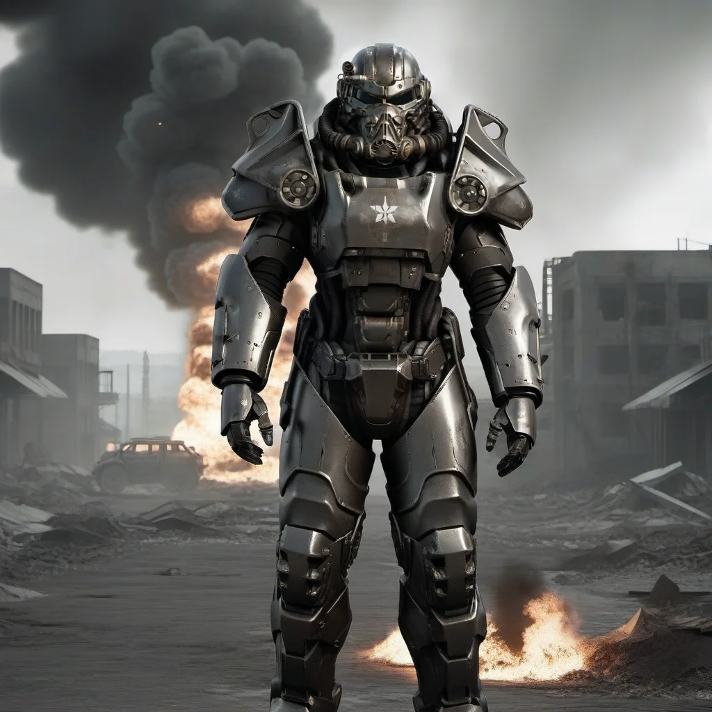 a futuristic armor, war, explosions, fire, smoke <lora:Fallout1024:0.8>