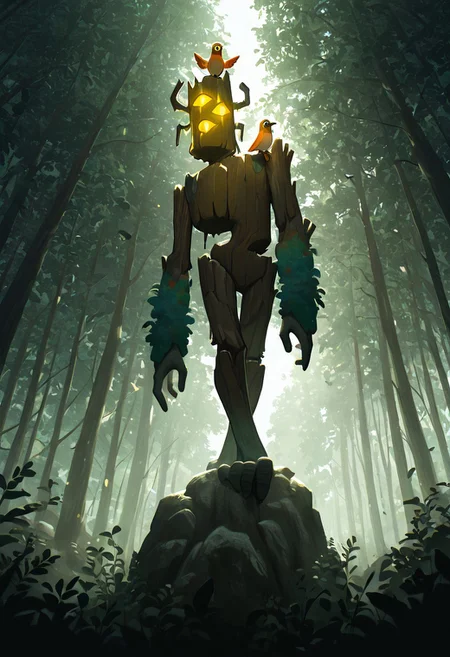 masterpiece, best quality, amazing quality, very aesthetic, absurdres, newest, cinematic, movie scene, foreground blur, 
creaking, no humans, standing, monster, glowing eyes, yellow eyes, solo, 3 eyes, yellow sclera, wooden body,
crossed legs, bright scene, sitting on rock, forest, from below, birds on body, bird on head, colorful bird, parrots on shoulder,