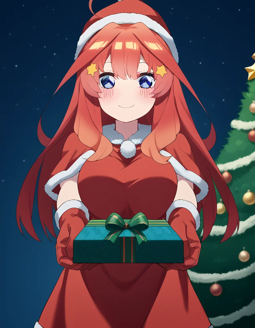 score_9, score_8_up, score_7_up, source_anime, <lora:itsuki-nakano-s2-ponyxl-lora-nochekaiser:1>, itsuki nakano, bangs, long hair, blue eyes, hair between eyes, ahoge, red hair, star (symbol), hair ornament, star hair ornament, large breasts, <lora:santa-costume-ponyxl-lora-nochekaiser:1>, santa costume, santa hat, christmas, sack, merry christmas, gift, fur-trimmed headwear, holding sack, santa dress, fur-trimmed dress, christmas tree, christmas tree, fur trim, red capelet, gift box, red gloves, fur-trimmed capelet, santa gloves, red hat, hat,, smile, blush, looking at viewer, <lora:incoming-gift-ponyxl-lora-nochekaiser:1>, incoming gift, outstretched arms, holding, holding gift, gift, gift box,,
