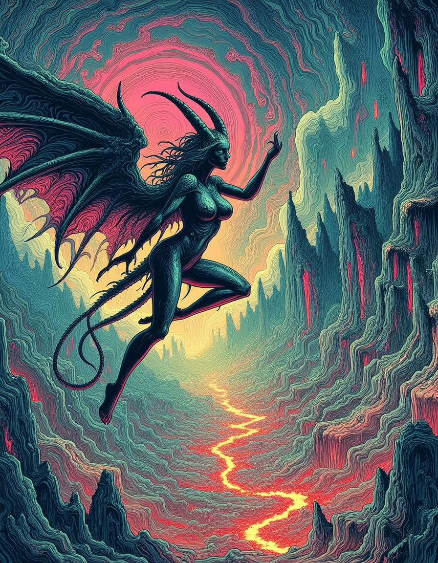 A trippy illustration with muted colors and thin brush strokes about a female demon with wings and horns and large breasts and nipples flying through hell. The landscape is covered in basalt and divided by lava rivers.